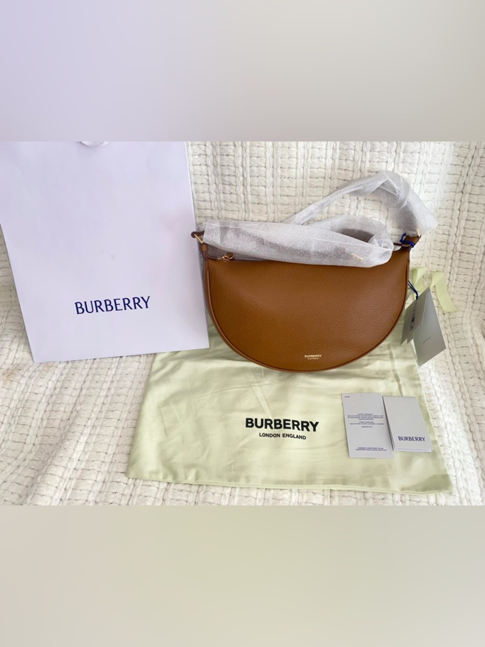 Burberry All Soft Large Tan Leather Half Moon Crossbody Sling Bag NWT - Picture 2 of 13